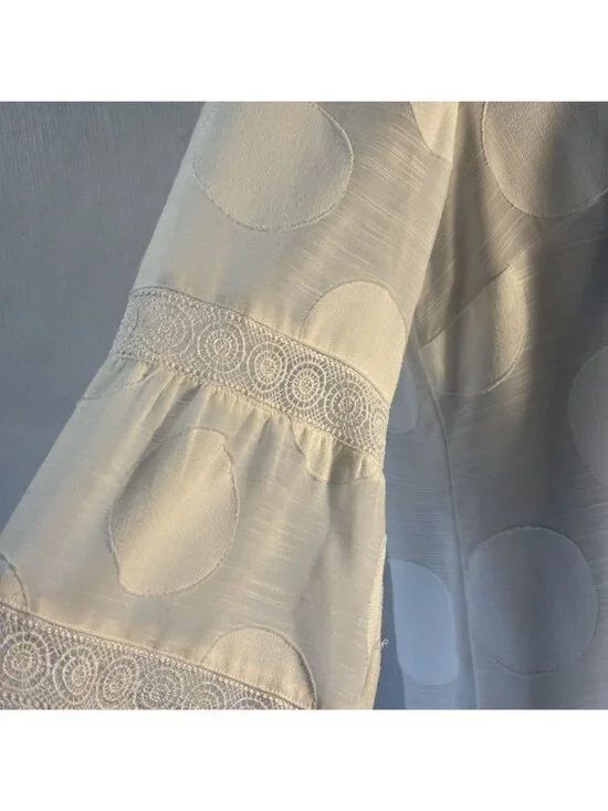 White Chico's Sheer Polka Dot Blouse With Crochet Trim & 3/4 Bell Sleeves - Picture 3 of 6